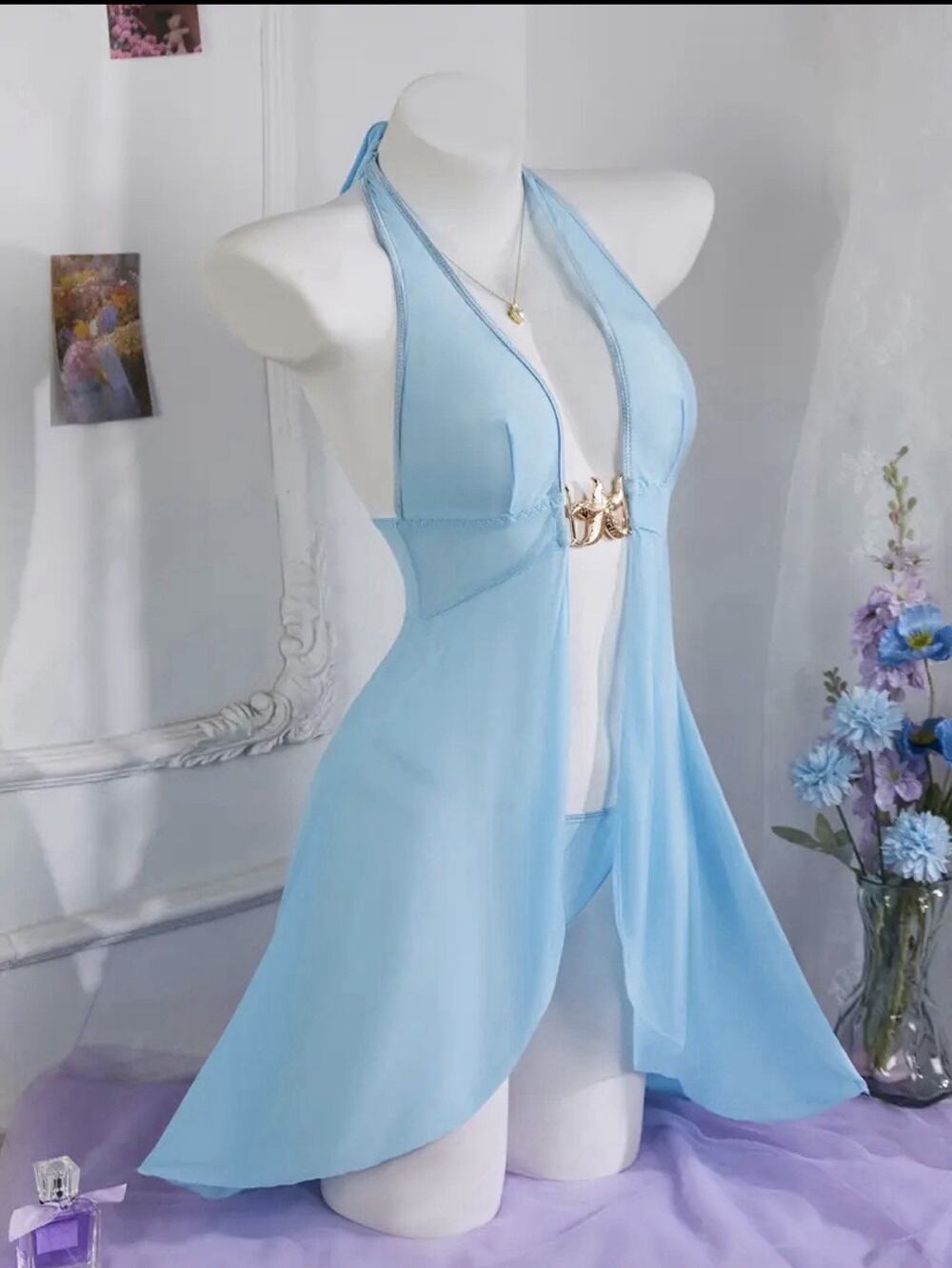 Sky, Blue Two-Piece Lingerie Set With Starfish Accent, Metal Closure, Medium